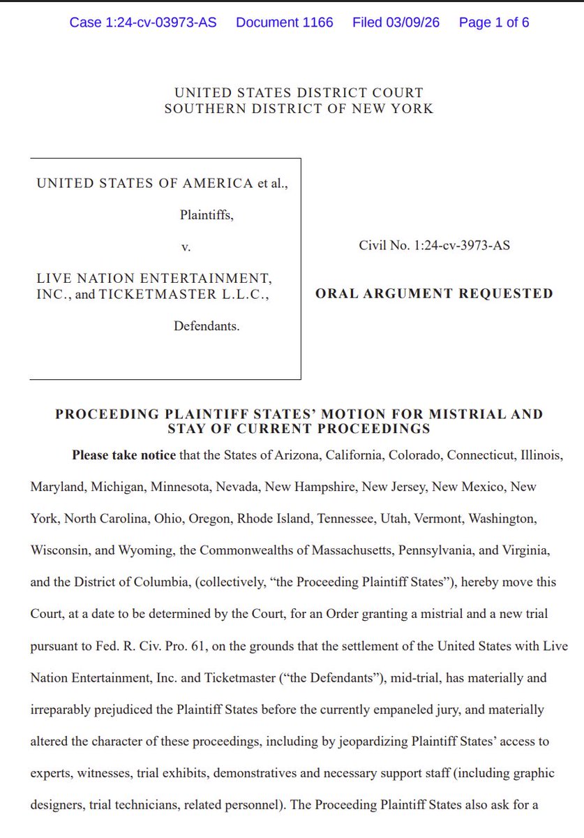 innercitypress's tweet image. Update: in US v. Live Nation, (some) states have just filed their motion for a mistrial: AZ, CA, CO, CT, IL, MD, MI, MN, NV, NH, NJ, NM, NY, NC, OH, OR, RI, TN, UR, VT, WA, WI, and WY, MA, PA, and VA, and DC - will be argued tomorrow. Book: amazon.com/dp/B0GRN95HNT