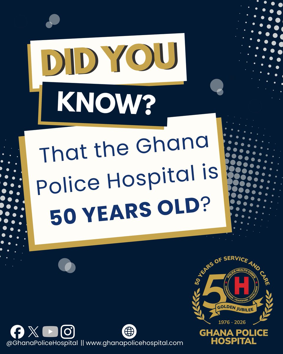 Police_Hospital's tweet image. Here are a few facts you need to know about the Ghana Police Hospital.

1. We Are 50 Years Old
2. Was To Serve Only Ghana Police Service Personnel
3. No Strike

Did you know all these about us?

#AnniversaryFacts #GhanaPoliceHospital #HelpSpreadTheWord