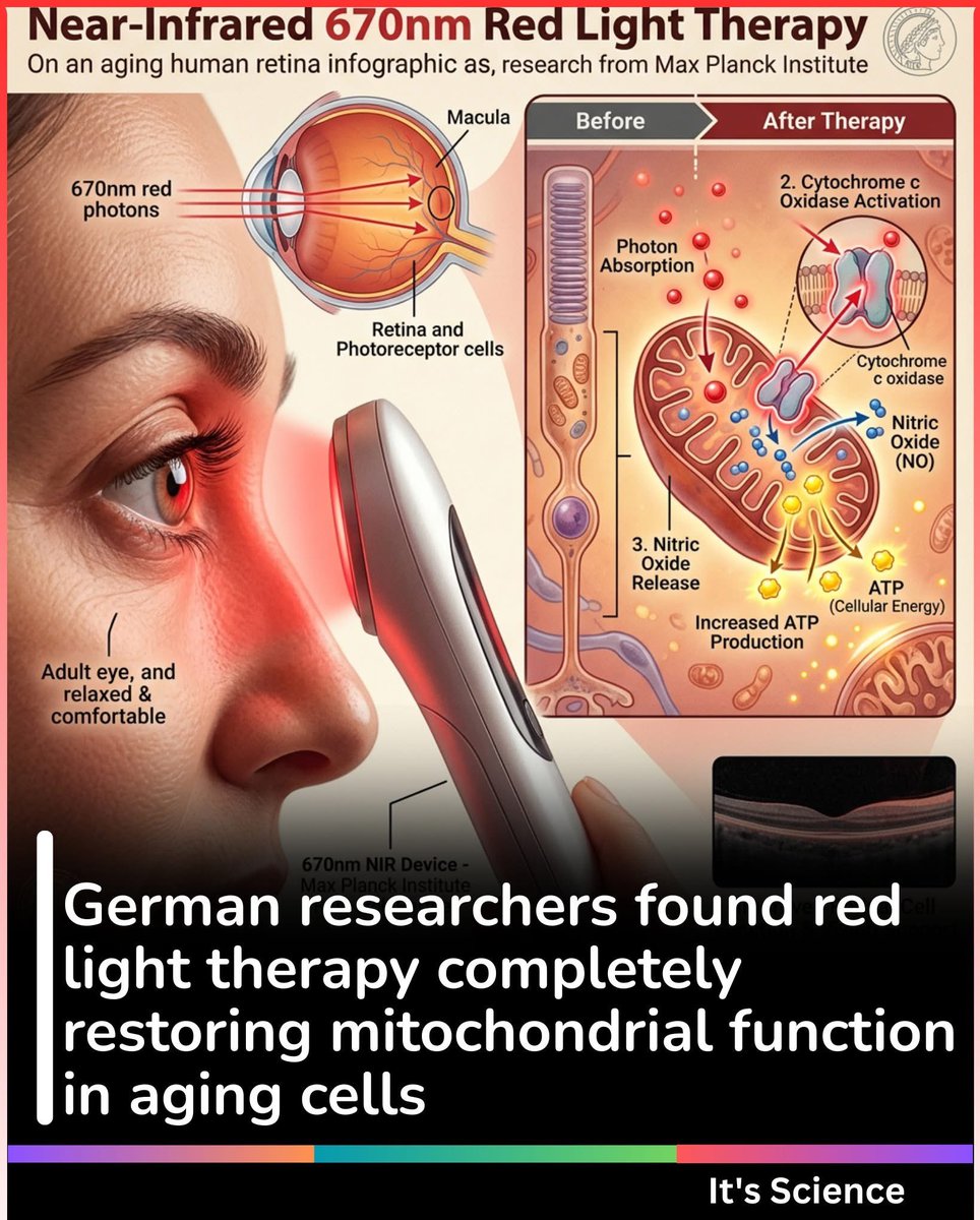“670 nm Red Light Therapy: Boosts Mitochondrial Function &amp; Vision in Aging – Verified UCL Studies (2017–2022)” ☀️🧬

Near-infrared/red light at 670 nm (long-wavelength deep red) improves mitochondrial function in aging retinal cells by being absorbed by cytochrome c oxidase