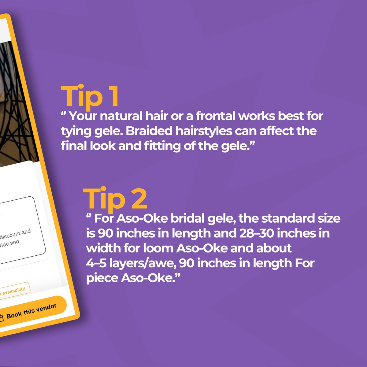 VowThread's tweet photo. From the hair underneath to the size and texture of your Aso-Oke, small details can completely change how your bridal gele looks and feels😊👌
Here's 5 important tips every bride should know before her gele session.
Book a session now via VowThread
#VowThread #Gele https://t.co/Kji1HLOJUM