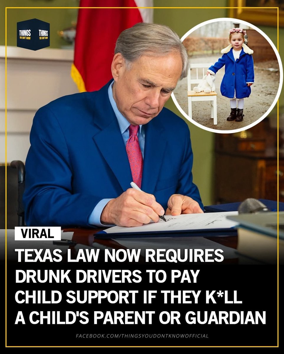 RealmeJ2's tweet photo. Texas passed a law that requires convicted drunk drivers to pay child support if they kill a child's parent or guardian.
The law was inspired by a 2021 crash in Missouri that killed a mother, father, and their 4-year-old son. Two surviving boys, Bentley and Mason, were left with their grandmother & no means of support.
A judge determines monthly payments based on the child's needs and the offender's resources. Payments continue until the child turns 18 or graduates high school. If the driver is incarcerated, the obligation follows them after release. The law was signed in 2023.