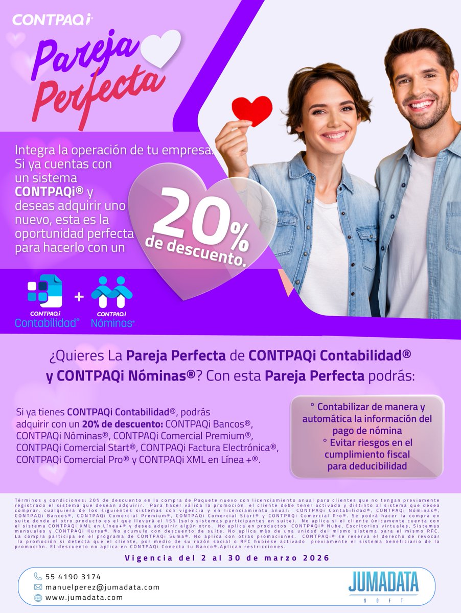 JumaDataMX's tweet photo. 💙✨ La Pareja Perfecta de CONTPAQi está aquí: contabilidad + administración para llevar tu negocio al siguiente nivel.
Aprovecha las promociones de marzo con tu distribuidor certificado JUMADATA SOFT.
#ParejaPerfecta #CONTPAQi #PromocionesMarzo #JumadataSoft #ImpulsaTuNegocio https://t.co/JoasIX1GvU