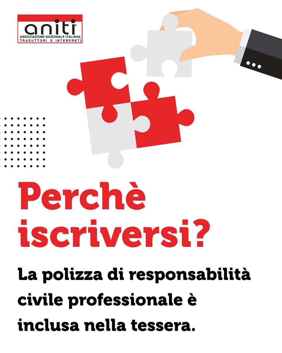 𝗣𝗲𝗿𝗰𝗵𝗲́ 𝗶𝘀𝗰𝗿𝗶𝘃𝗲𝗿𝘀𝗶 𝗮𝗱 𝗔𝗡𝗜𝗧𝗜?
Essere soci ANITI significa far parte di una comunità professionale attenta alle esigenze di traduttori e interpreti. E tra i vantaggi più concreti: la polizza di responsabilità civile professionale inclusa.