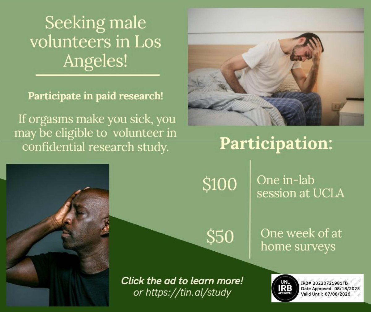 NicoleRPrause's tweet photo. We are still looking for patients with the rare disorder post-orgasmic illness syndrome (POIS) for a laboratory study in Los Angeles!
https://t.co/chqgV0uZEW https://t.co/xURWTDFbBa