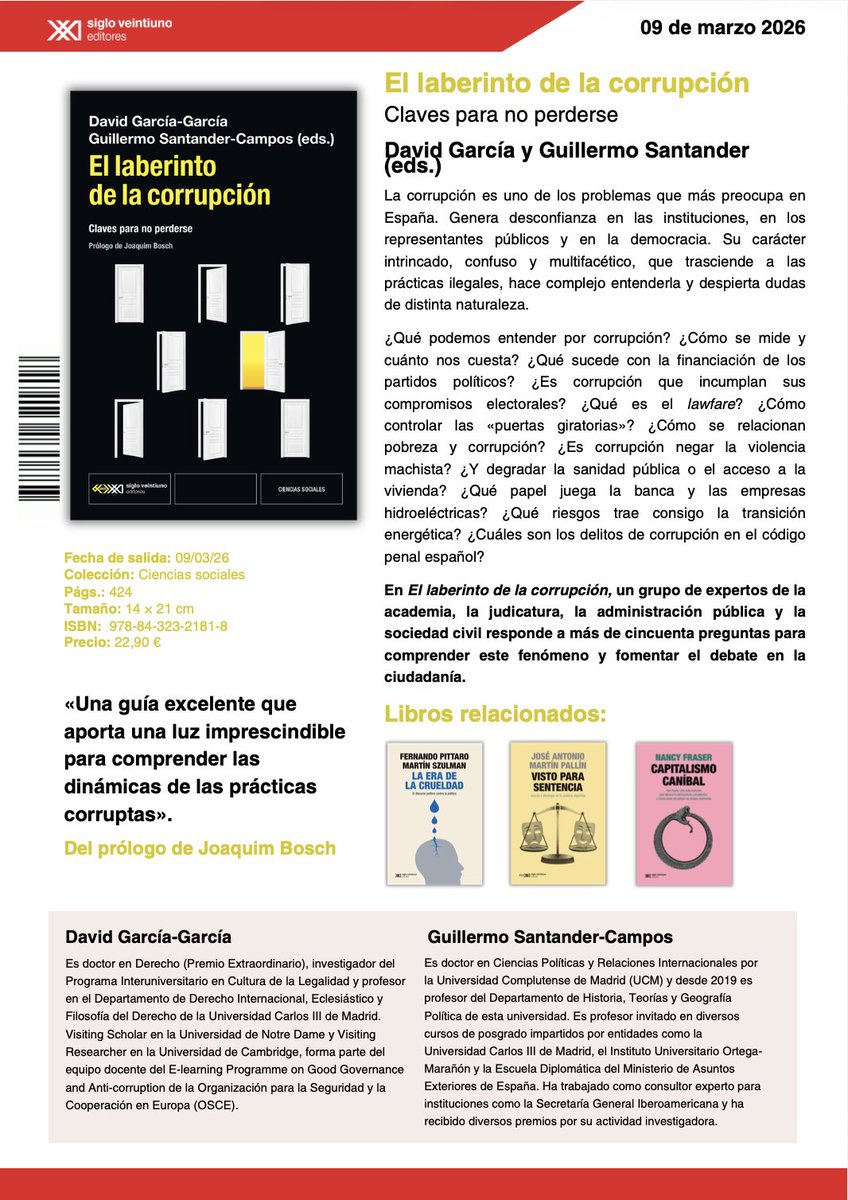 CulturLeg's tweet photo. 📢 📚‘El laberinto de la corrupción. Claves para no perderse’ @sigloxxiesp ya está en librerías

Más de cincuenta preguntas para comprender este fenómeno y fomentar el debate en la ciudadanía

Prólogo de @JoaquimBoschGra

🙏Gracias a todos los autor@s que lo habéis hecho posible https://t.co/gZOJBWD4iX