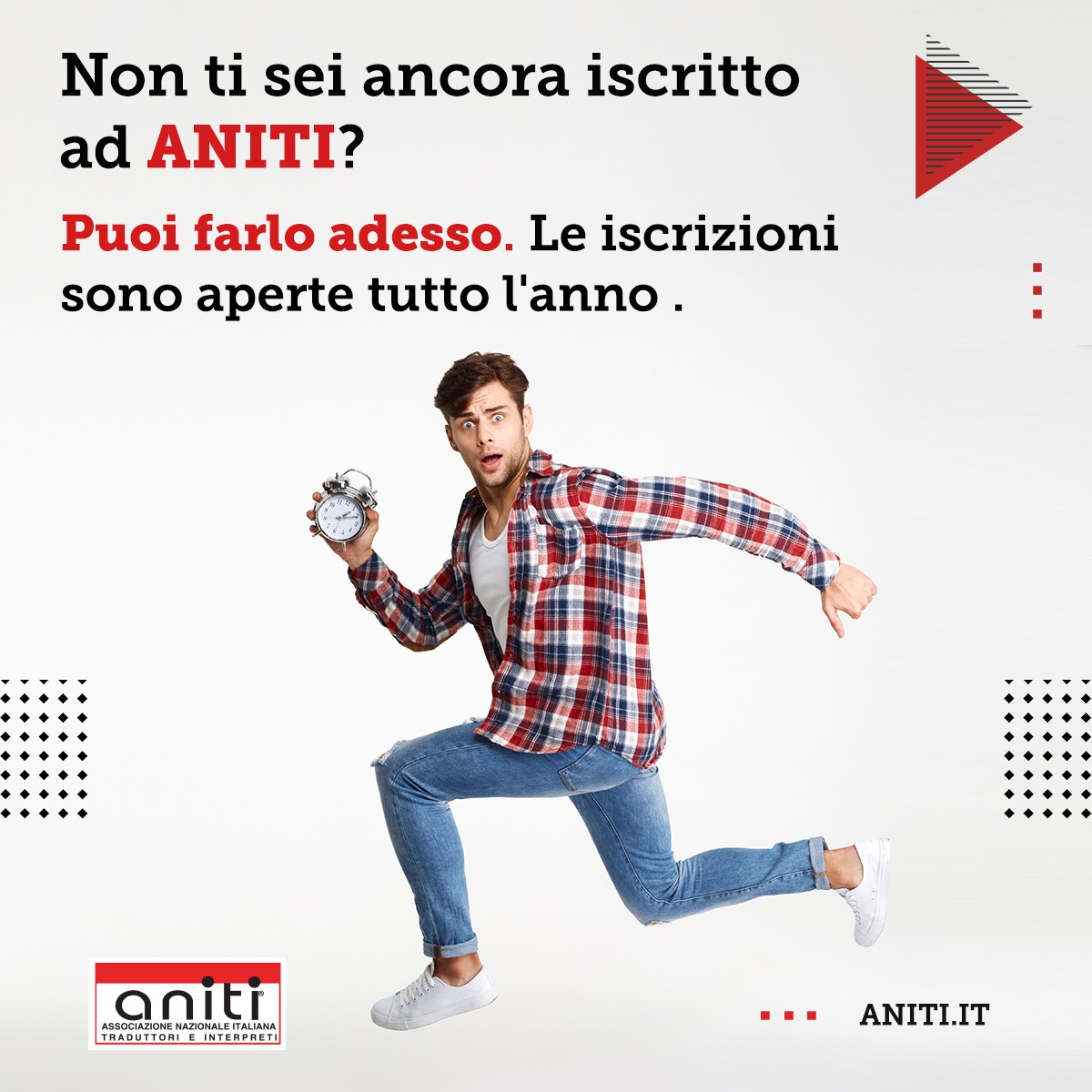 Diventa socio ANITI!
Le iscrizioni sono aperte tutto l'anno e potrai fruire di corsi di formazione ad hoc ed entrare in contatto con tanti altri professionisti.