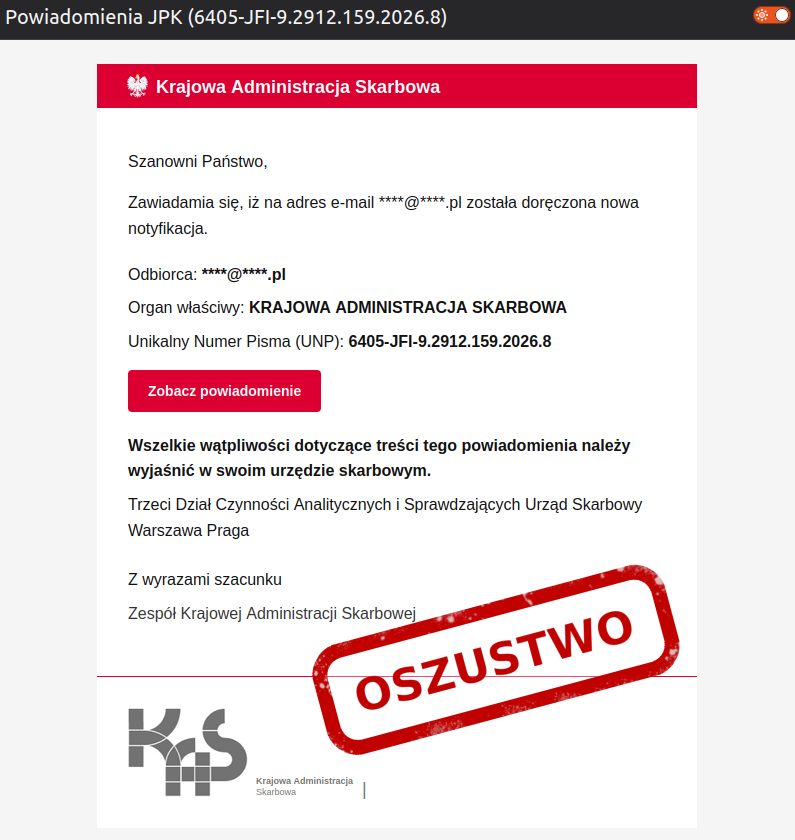 CERT_Polska's tweet photo. 🚨 Uważaj na oszustów podszywających się pod Krajową Administrację Skarbową!

Obserwujemy kampanię phishingową, w której oszuści podszywają się pod Krajową Administrację Skarbową (KAS) informując o rzekomej nowej notyfikacji. W wiadomości znajduje się link, który prowadzi do strony zawierającej fałszywy formularz logowania do Profilu Zaufanego. Cyberprzestępcy próbują w ten sposób wyłudzić dane logowania do serwisu.

🔍Zanim podasz jakiekolwiek dane:

👉 sprawdź adres nadawcy wiadomości,

👉 samodzielnie wyszukaj prawdziwy adres strony internetowej tego podmiotu i zweryfikuj czy link z wiadomości na pewno prowadzi właśnie tam,

👉 jeśli masz jakiekolwiek wątpliwości skontaktuj się z instytucją, która rzekomo wysłała wiadomość.

📢 Pamiętaj, że podejrzane wiadomości strony internetowe możesz zgłosić do CERT Polska za pomocą formularza na stronie https://t.co/NNUSNq61UT oraz w usłudze „Bezpiecznie w sieci” w aplikacji mObywatel. Z kolei podejrzane wiadomości SMS z linkami możesz przesłać na bezpłatny na numer 8080.