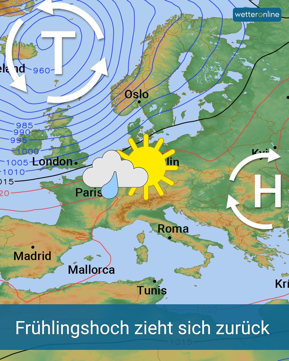 WetterOnline's tweet photo. 🌦️ Das Frühlingshoch zieht sich zurück: Tiefs bringen wieder mehr Schauer und Gewitter.
Zum Wochenende wird es kühler und besonders im Westen teils länger nass. 🌧️ 
👉️ https://t.co/pmB5gyErkK 

#Wetter #Frühling #Regen #Deutschland https://t.co/3d3UGTeaRS