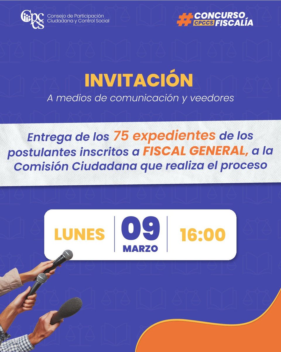 CpccsEc's tweet photo. 📢Se inicia la fase de admisibilidad de los postulantes a Fiscal General del Estado.

📺Acompaña la entrega de los expedientes de los inscritos por nuestro canal de YouTube⬇️
@CPCCSEC25 https://t.co/UkGUWo2vmc