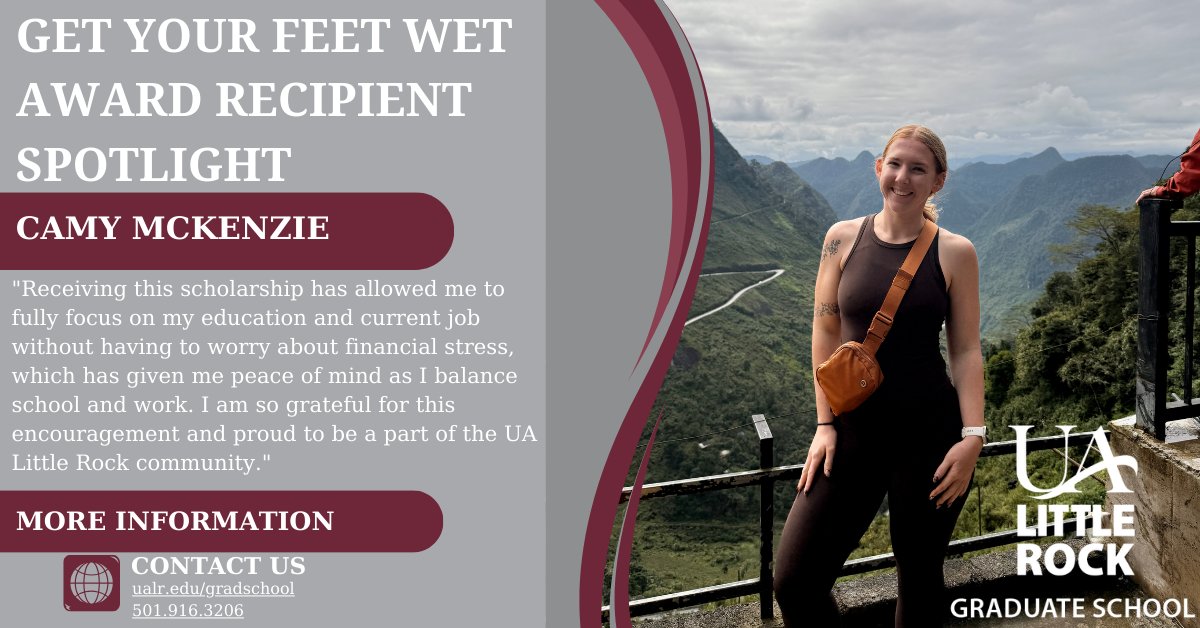 UALRGradSchool's tweet photo. Camy McKenzie is a graduate student at UA Little Rock and a recipient of the Graduate School’s Get Your Feet Wet Scholarship. We’re proud to support students like Camy as they continue their graduate journey and work toward what’s next. #UALittleRock #UALRGradSchool https://t.co/zrpNfft14u