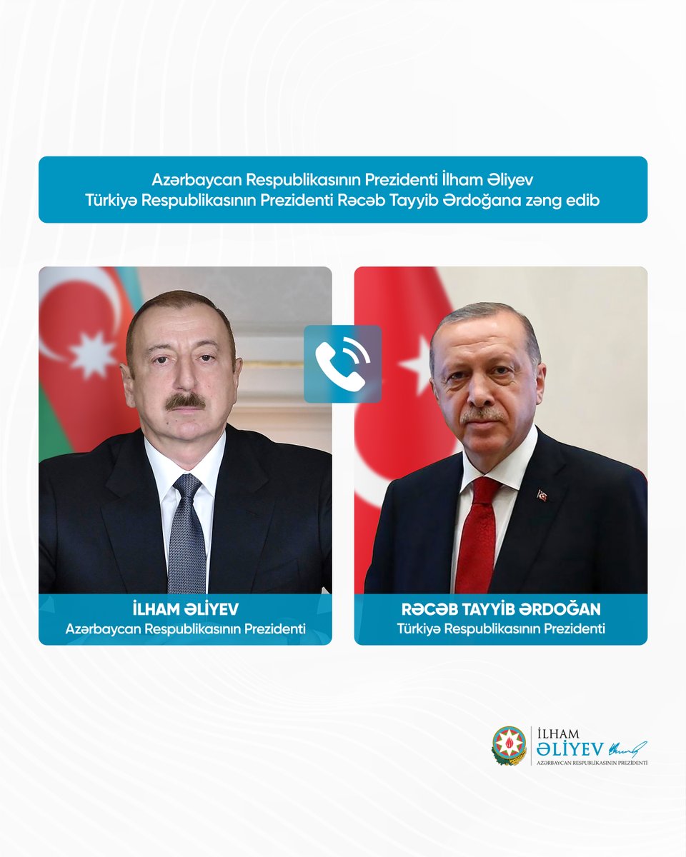 azpresident's tweet photo. Azərbaycan Respublikasının Prezidenti İlham Əliyev Türkiyə Respublikasının Prezidenti Rəcəb Tayyib Ərdoğana zəng edib.

https://t.co/aAMKlbG9GJ https://t.co/Z78uBD9lLi