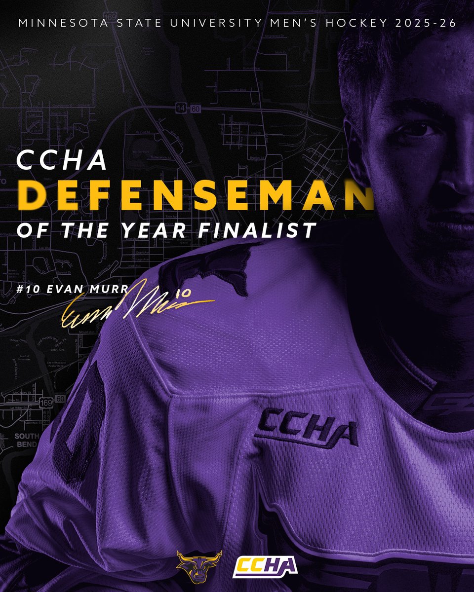 Evan Murr named a CCHA Defenseman of the Year Finalist!!! He leads the league in plus/minus (+18)