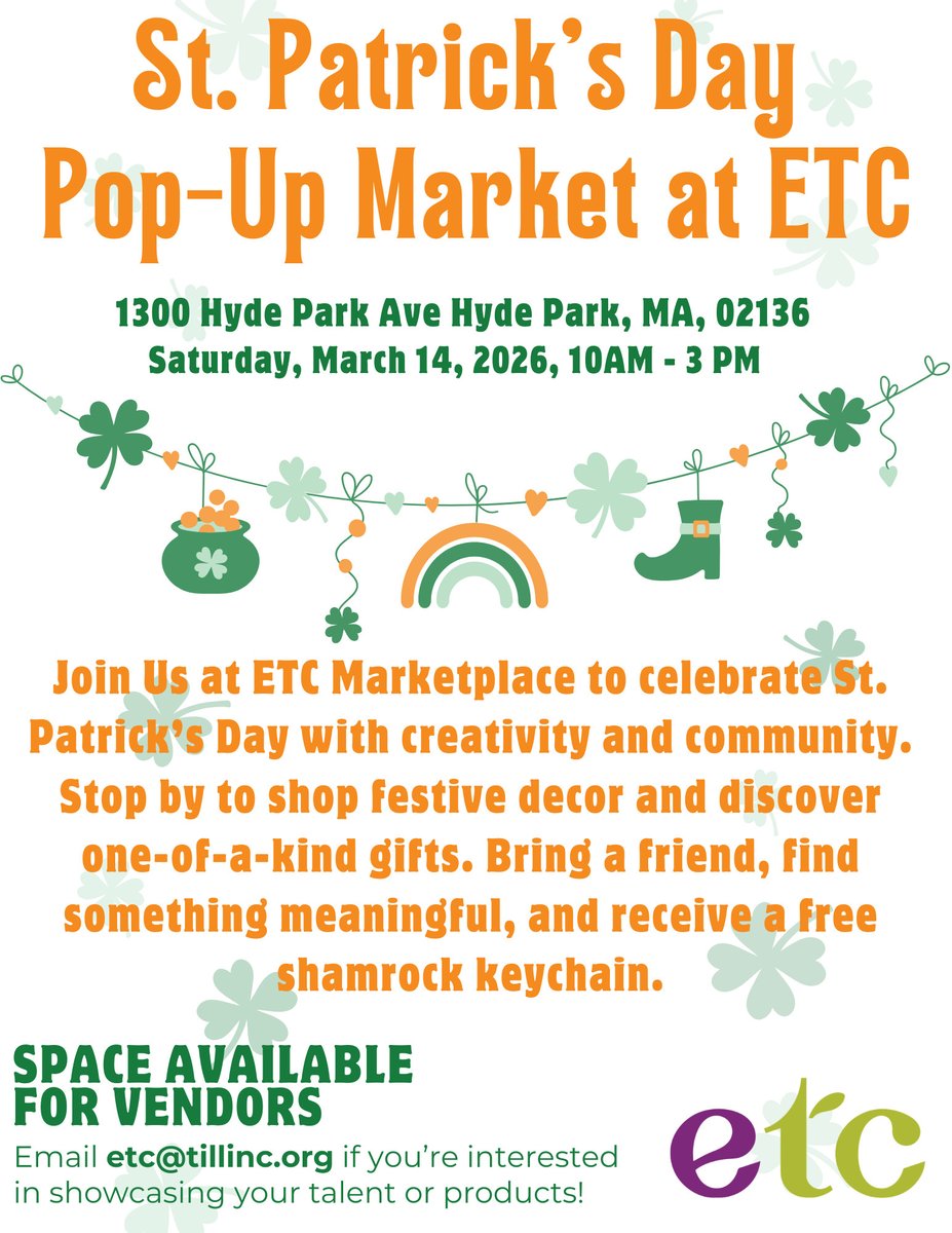 Celebrate St. Patrick’s Day at ETC’s Marketplace!☘️
​
Join ETC for a festive Pop-Up Market featuring seasonal decor, one-of-a-kind gifts, and handcrafted pieces made with care. Stop by to enjoy light treats and receive a free shamrock keychain (while supplies last!).

#Hydepark