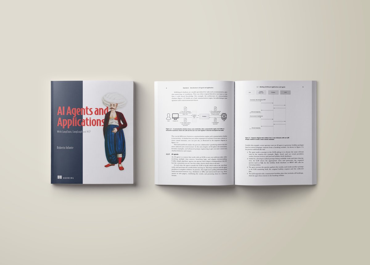 ManningBooks's tweet photo. Theory or practice? With AI agents, both is gonna pull you ahead.

In AI Agents and Applications, Roberto Infante shows how to design and run agent systems that actually work in production — from managing context limits to handling cost/latency tradeoffs and debugging agent behavior.

As Rishabh Chaddha notes, the book gives readers, "...both a conceptual foundation and the confidence to build real agent-driven applications."

Now in print and 50% off through March 12th: https://t.co/HUzJV7umCW
