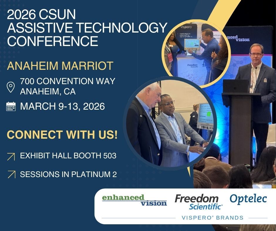 enhancedvision's tweet photo. Heading to CSUN this week? Visit us at Booth 503 or join our sessions in Platinum 2! We’re covering AI &amp; accessibility, inclusive workplace strategies, and thoughtful assistive tech design.

See our #CSUNATC26 schedule:
https://t.co/DEzrZTq85O

#CSUNATC26 #AssistiveTechnology https://t.co/VuIaPM5oY7