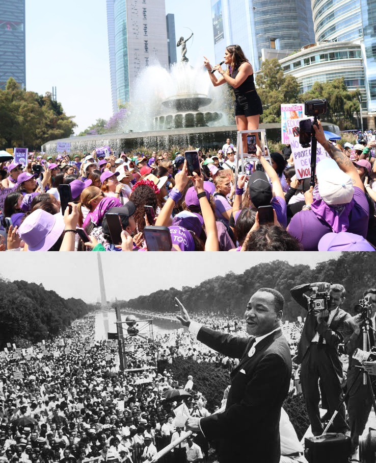 Ayer, en el #8M en CDMX, la poderosa <a href="/AlessandraRdlv/">Alessandra Rojo de la Vega</a> nos regaló una postal digna de la revista Time.

Lejos de esconderse detrás de vallas, subió a una escalera y dialogó con las manifestantes; escena equiparable a la de Martin Luther King liderando la marcha por los derechos