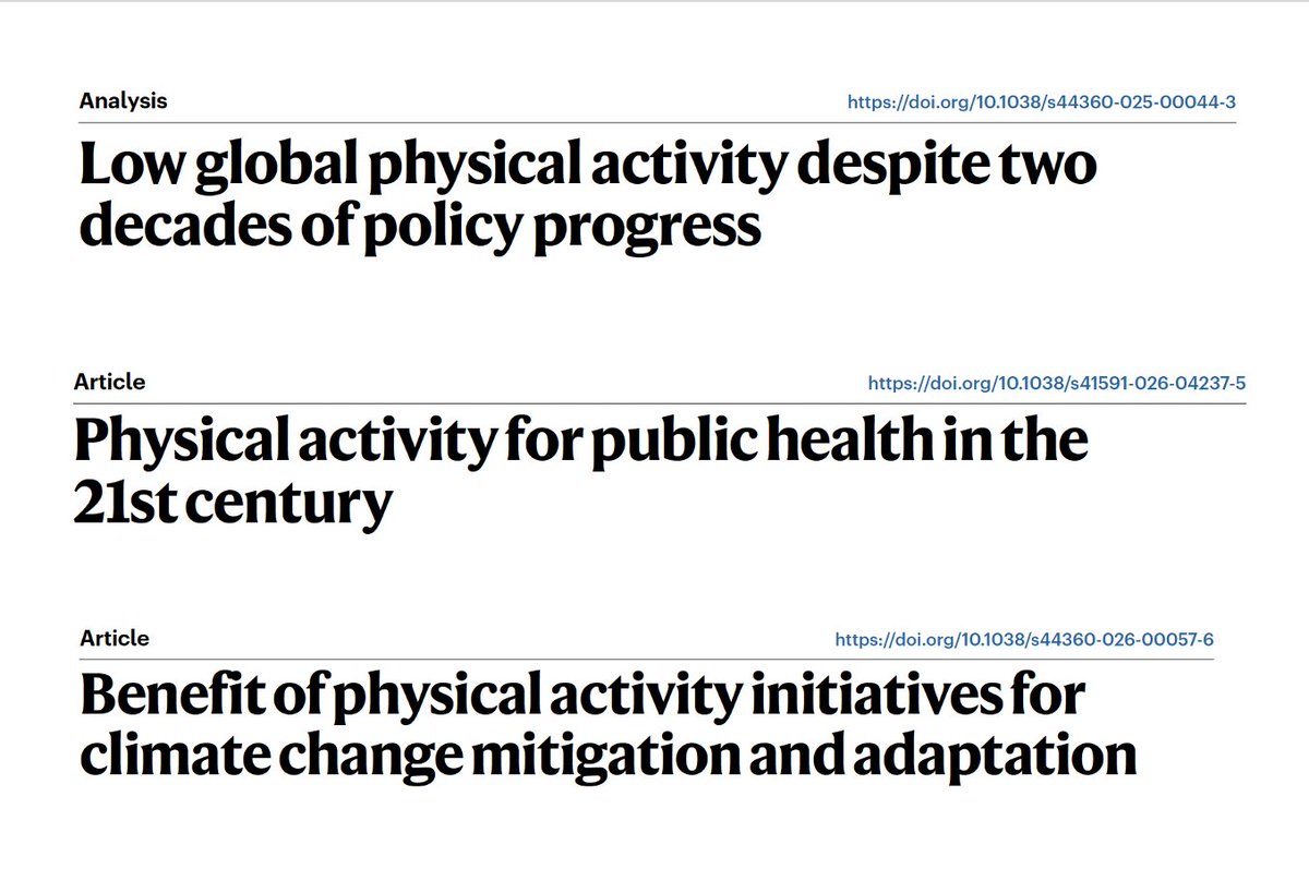 5 million deaths a year globally are attributed to lack of physical activity. Many countries have set policies to promote physical activity but never implemented them.
No improvement in >20 years!
3 new papers <a href="/NatureMedicine/">Nature Medicine</a> <a href="/NatureHealthJnl/">naturehealth</a> 
nature.com/articles/s4159…