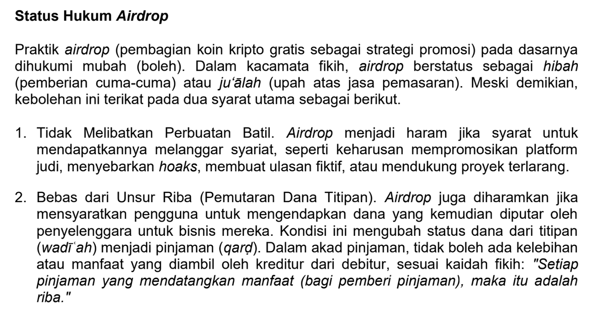 cryptosharia_'s tweet photo. HUKUM AIRDROP MENURUT FATWA DARI MUHAMMADIYAH!

Hukum airdrop adalah MUBAH (BOLEH) dengan 2 catatan penting didalamnya:

1. Tidak melibatkan perbuatan batil. tercakup didalamnya koin tidak digunakan untuk hal yang dilarang secara syariat seperti judi dan kasino, menyebar hoaks, serta proyek fiktif.

2. Bebas dari unsur riba yaitu tidak dibolehkannya koin mengharuskan mengendapkan dana yang kemudian diputarkan untuk bisnis mereka.