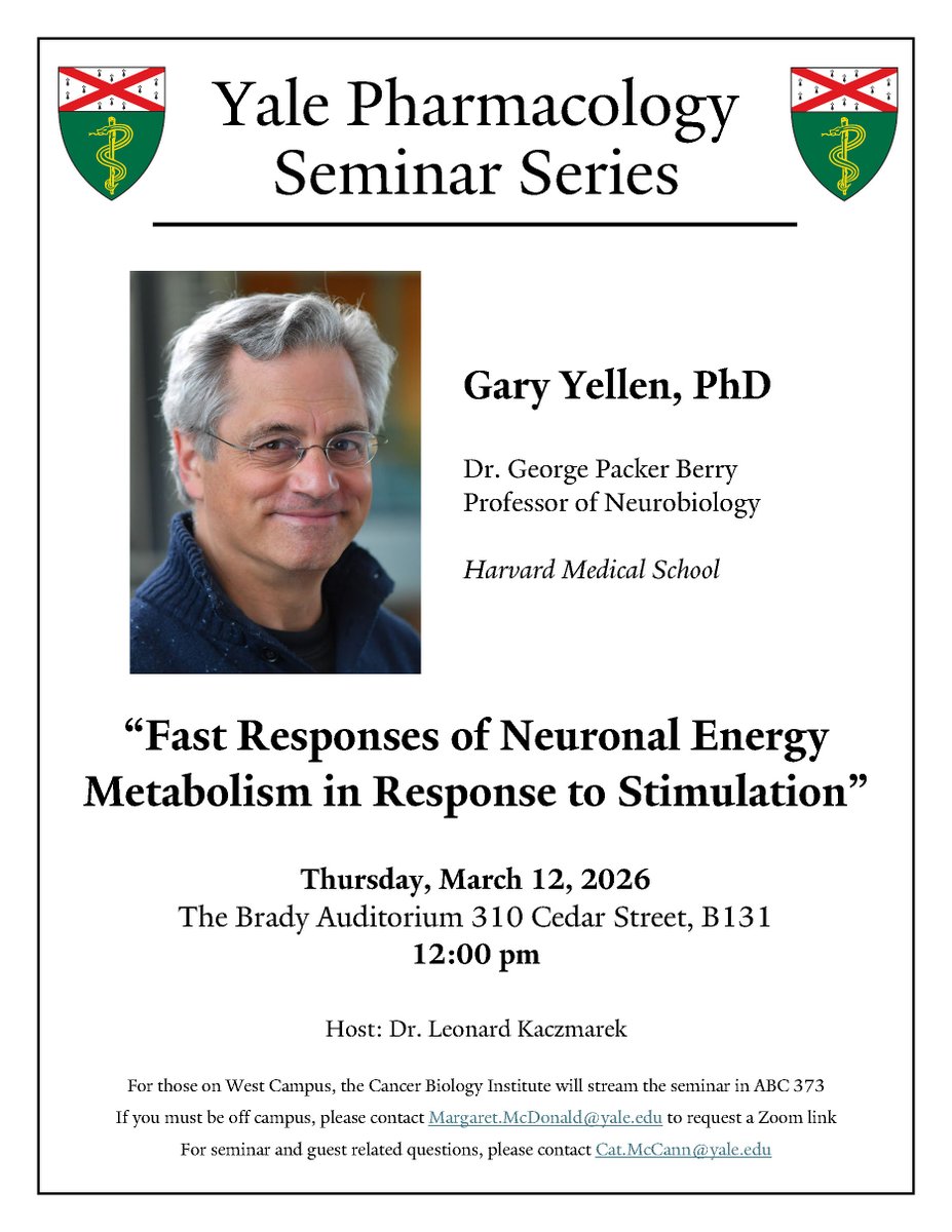 YalePharmGrad's tweet photo. Join us in welcoming our next 2025–2026 Pharmacology Seminar Series speaker, Dr. Gary Yellen of Harvard Medical School. He will be presenting his work at 12 pm on Thursday, March 12th in the Brady Auditorium. https://t.co/yiZ63YqdUf