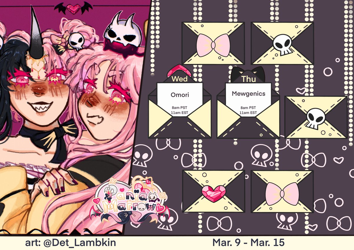 PaniaMarrow's tweet photo. 💀Stream Schedule🎀
March 9th - 15th
Art: #paniarts
Clips: #paniclip
art by @/Det_Lambkin https://t.co/FGzcmf1zum