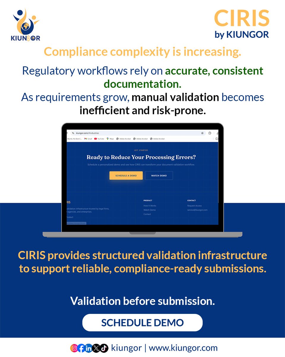 kiungorOrg's tweet photo. Regulatory workflows are becoming more complex.
Validation infrastructure is increasingly essential for maintaining accurate and reliable submissions.
Explore CIRIS:
https://t.co/a28RjK0t2j
#CIRIS #Compliance #RegTech #LegalTech #DocumentValidation #ComplianceInfrastructure #work https://t.co/gfUjofkqoH