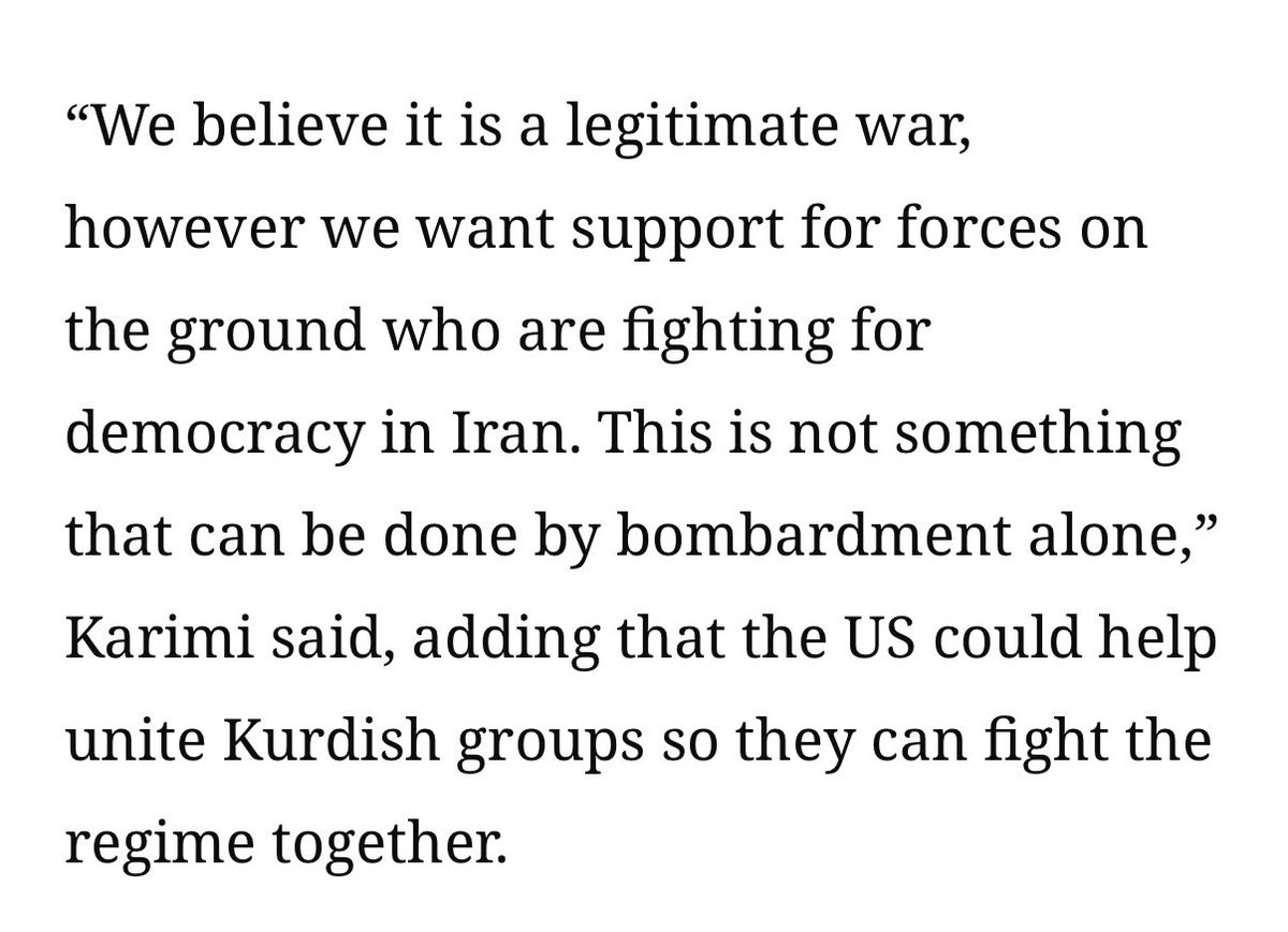 The CIA has been in contact w/ some Iranian Kurdish groups for months — including PJAK.

PJAK co-chair, Amir Karimi, told me in an interview this week discussions w/ CIA have focused on intentions, objectives &amp; political proposals for Iran. 

PJAK is supportive of the US-Israeli
