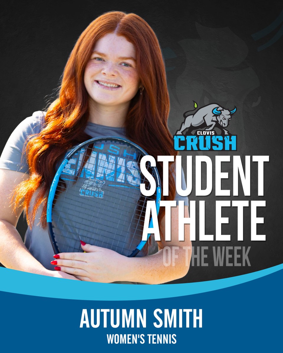 Excellent work by our most recent ⁦<a href="/Crush_Athletics/">ClovisCrushAthletics</a>⁩ SAOTW, Autumn Smith from women’s tennis! Autumn went 2-0 at Porterville last week, winning #1 singles &amp; #2 doubles, leading the team to its first win in program history! #VamosCrush