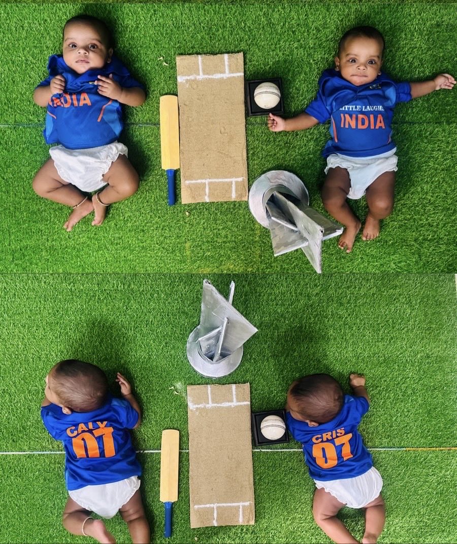 jzencia's tweet photo. Our twins Caly &amp; Cris cheering for the Men in Blue 👶👶🇮🇳 The tiniest fans manifesting another World Cup for Team India 🏆
#BleedBlue https://t.co/EG6QGpOAa4