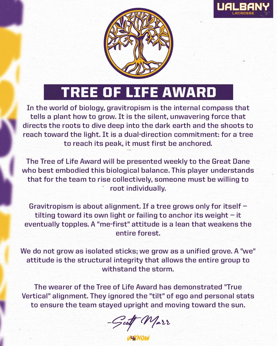 UAlbanyMLax's tweet photo. This week’s Tree of Life Award winner… Luke Grove! 🌲

Luke brings a blue-collar work ethic to the field every single day. No nonsense, no cutting corners—just consistent effort and positivity that elevates everyone around him 📈

A true leader who leads by example!

#UAUKNOW https://t.co/M4GF7fXp7L