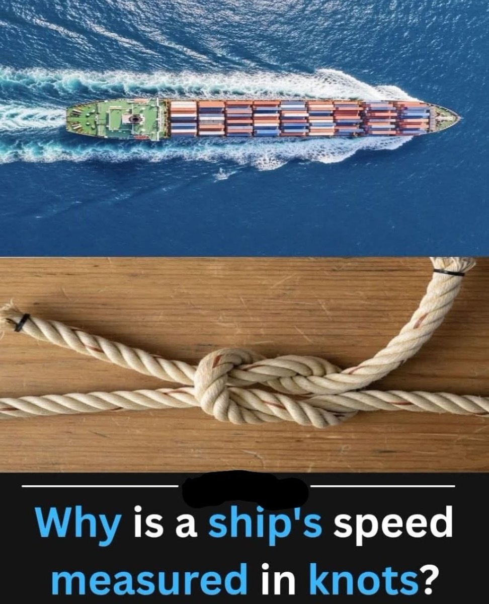 Sciencepostcard's tweet image. A ship’s speed is measured in knots because

it is a unit of speed historically used in navigation, tied to the maritime tradition. The term originates from a method sailors used in the past to measure speed at sea.

The History:
 • Sailors used a device called a log line, a