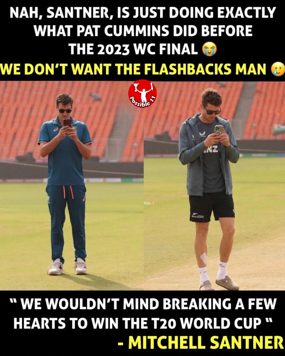 Possible11team's tweet image. Santner: “We wouldn’t mind breaking a few hearts.” 💔

Indian fans: Not again please… 😭

#INDvNZ #T20WorldCup #CWC23 #MitchellSantner #Possible11