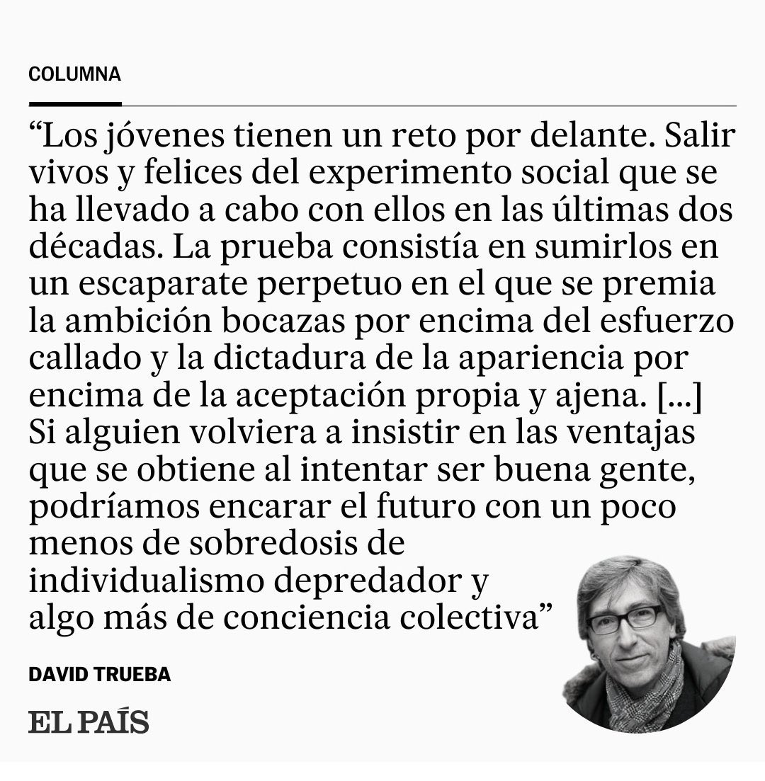 sanz_ismael's tweet photo. “Vivimos en un “escaparate perpetuo” donde se premia la apariencia y la ambición ruidosa por encima del esfuerzo silencioso y la aceptación propia. El reto de los jóvenes es escapar de esa dictadura de la imagen y recuperar la conciencia colectiva.” David Trueba https://t.co/uF3JmoNO5V