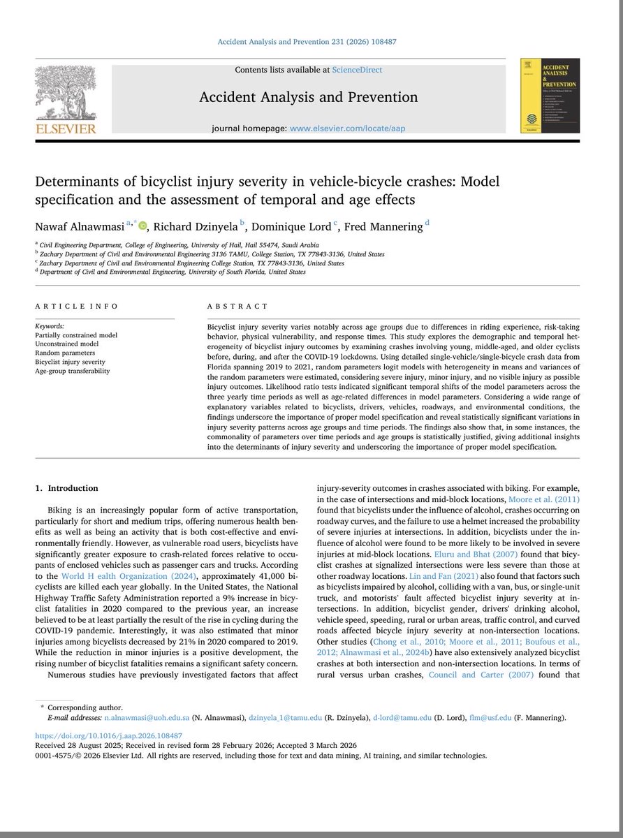 nawaff42's tweet photo. Excited to share our latest article in APA. It studies how bicyclists injury severity varies across age groups and time periods. It highlights that older bicyclists face higher severe injury risks, and that proper model specification is critical for prediction accuracy. https://t.co/22EB5ocFis