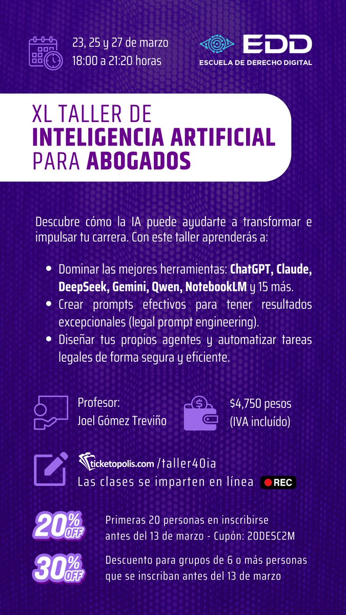 ⚖️ Usar IA no es lo mismo que dominarla. Y la diferencia se nota en tus resultados. La inteligencia artificial no vino a reemplazar abogados — vino a potenciar a los que saben usarla.

🚀 Este mes arranca el XL Taller de IA para Abogados de la Escuela de Derecho Digital — el