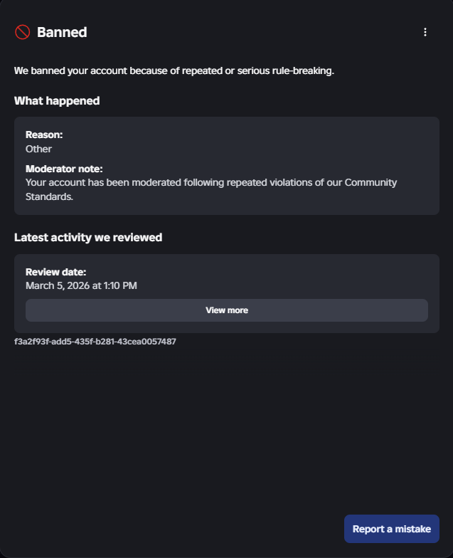 Zryphm's tweet photo. @Roblox @Roblox  I need a human to review the moderation ban on Itzc0met u guys banned my account for the reason "other" and gave no description or reason for my ban, I was banned on March 5th part of the AI ban wave and any appeals I make are doubled down on and say that it's "correct" https://t.co/NtQ87IvgVW