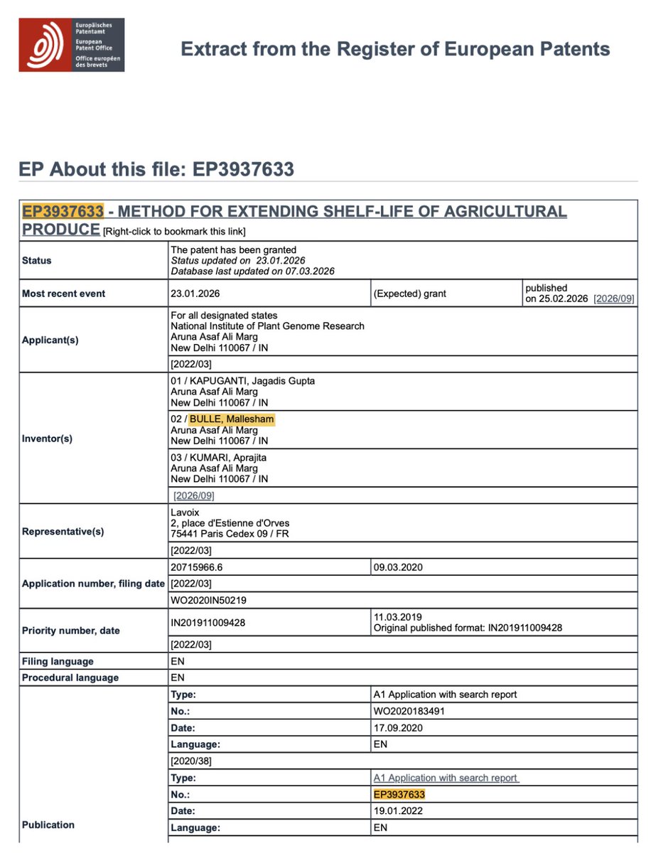 Mallesh_LSU's tweet image. I'm delighted to share that today, the European Patent Office has officially granted a patent for my inventions from my NPDF time at @NIPGRsocial. A huge thank you, and I am grateful to #Director,NIPGR,#Jagadisguptakapuganti, and my co-inventors.  #EuropeanPatentOffice