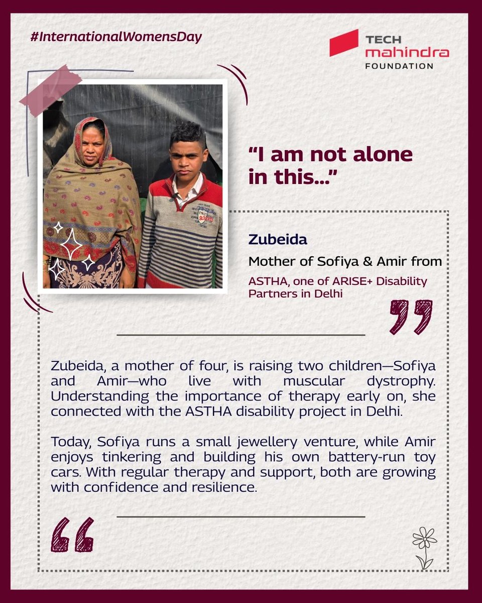 techmahindracsr's tweet photo. This #InternationalWomensDay, we share the stories of resilience, grit, and determination of mothers who are #caregivers for their children with disabilities. From facing raised eyebrows and social stigma to navigating gender biases, they continue to stand strong for their children.

Read about their journey!

#TogetherWeRise #IWD2026 #IWD #InternationalWomensDay2026 #DisabilityInclusion #GenderParity #PwDs #DisabilityInclusion