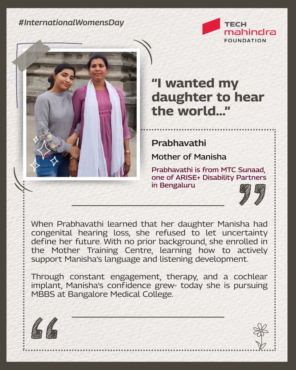 techmahindracsr's tweet photo. This #InternationalWomensDay, we share the stories of resilience, grit, and determination of mothers who are #caregivers for their children with disabilities. From facing raised eyebrows and social stigma to navigating gender biases, they continue to stand strong for their children.

Read about their journey!

#TogetherWeRise #IWD2026 #IWD #InternationalWomensDay2026 #DisabilityInclusion #GenderParity #PwDs #DisabilityInclusion