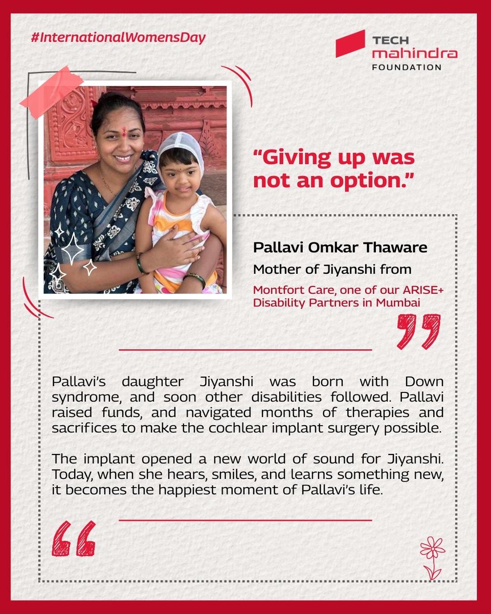 techmahindracsr's tweet photo. This #InternationalWomensDay, we share the stories of resilience, grit, and determination of mothers who are #caregivers for their children with disabilities. From facing raised eyebrows and social stigma to navigating gender biases, they continue to stand strong for their children.

Read about their journey!

#TogetherWeRise #IWD2026 #IWD #InternationalWomensDay2026 #DisabilityInclusion #GenderParity #PwDs #DisabilityInclusion