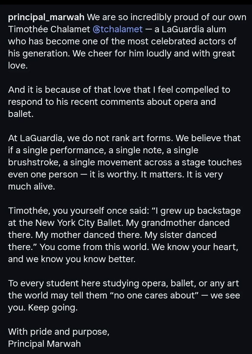 dancindanw's tweet photo. Here’s an amazing response from #TimotheeChalamet HS principal 👏- #ArtsMatter 💜 - @DADiClementi @AyannaPrescod @davidpsdem @wdrohrer @LydiaCornell @hwinkler4real @BettyBuckley @m_stormwitch @DirtyJersey1979 @SethAbramson https://t.co/zbzl716s6H