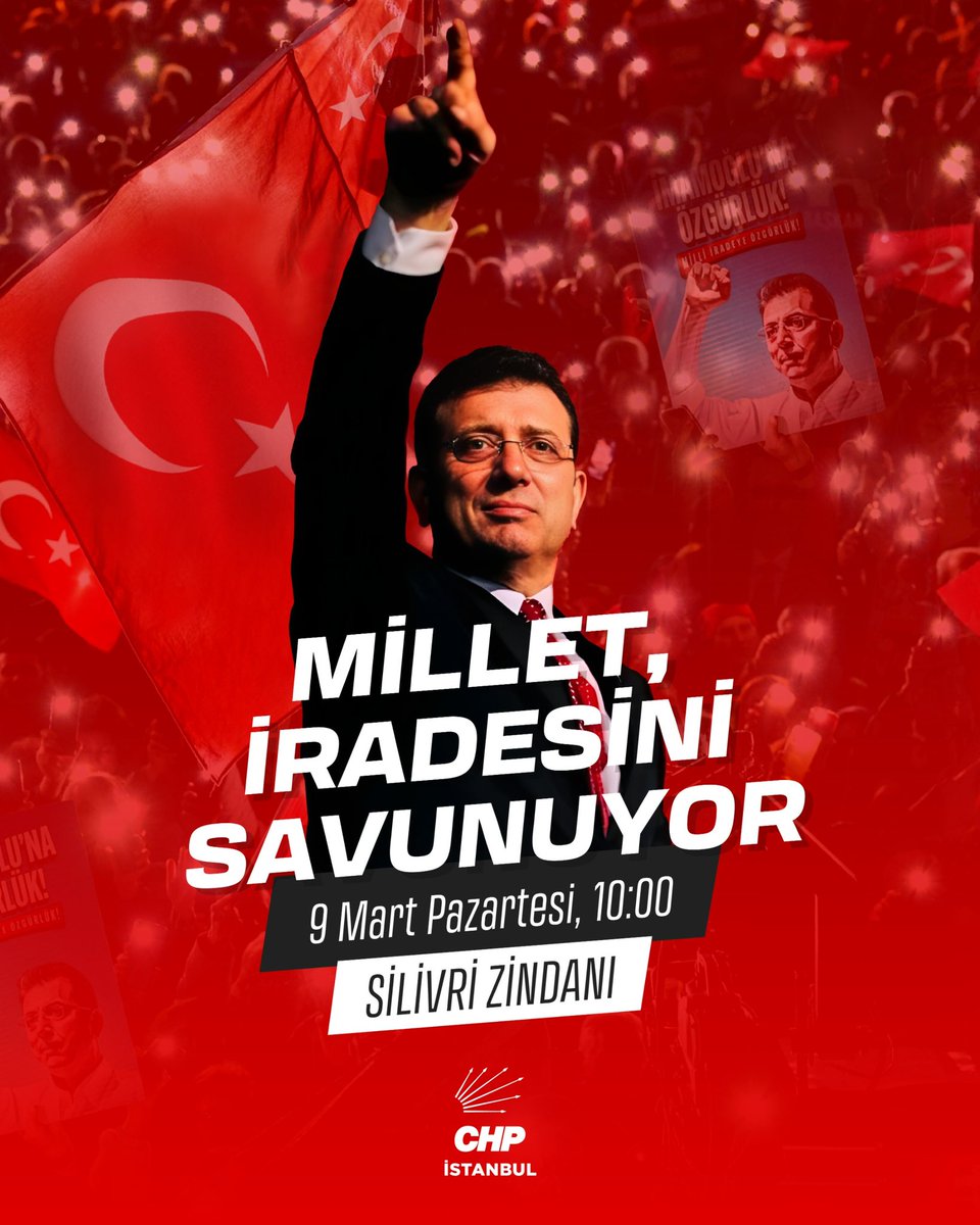 Millet iradesini savunuyor! 

15,5 milyon oyla Cumhurbaşkanı adayımız Ekrem İmamoğlu’na ve yüzlerce yol arkadaşlarımıza yönelik tarihimizin en büyük siyasi kumpas davasına karşı bir arada olacağız!