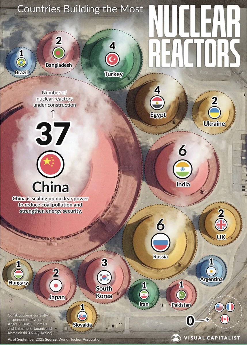 Cinco países representan el 71% de la capacidad nuclear mundial 🇺🇸 🇫🇷 🇨🇳 🇷🇺 🇰🇷 Sin embargo, 🇨🇳 aumenta la cantidad de reactores en construcción Gen III+ de mayor tamaño, diferencia que puede reducir la diferencia con los primeros. Fuente <a href="/VisualCap/">Visual Capitalist</a>