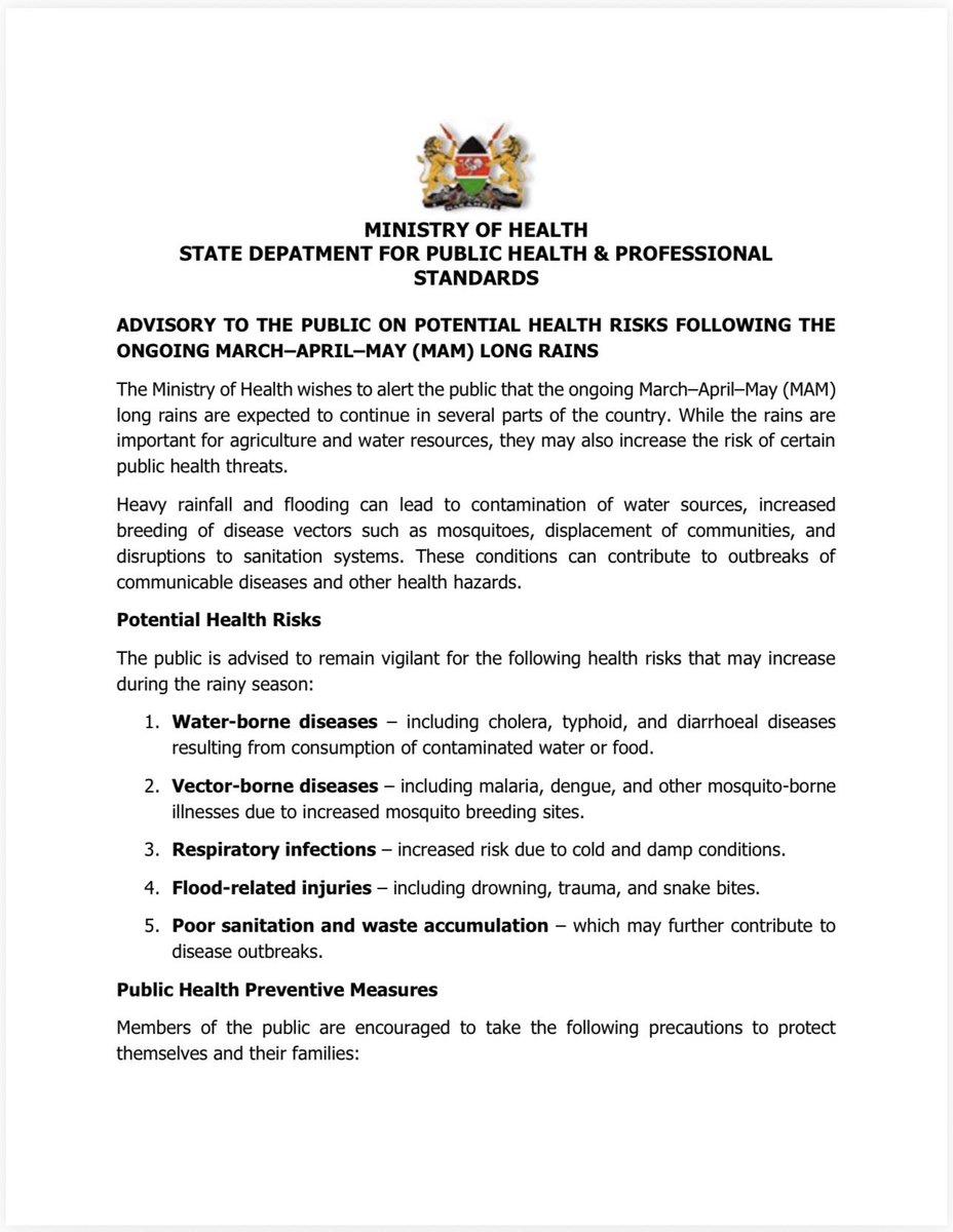 MOH_Kenya's tweet photo. ADVISORY TO THE PUBLIC ON POTENTIAL HEALTH RISKS FOLLOWING THE ONGOING MARCH–APRIL–MAY (MAM) LONG RAINS https://t.co/f2kTd6Bqpu
