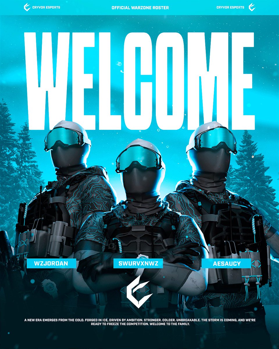 ❄️ OFFICIAL WARZONE ROSTER ❄️  

A new era begins for Cryvor Esports. Meet our Warzone squad:

🔹 <a href="/Swurvxn/">Cryvor SwurvxnWZ</a> 
🔹 <a href="/_aesaucy/">Cryvor Saucy</a> 
🔹 <a href="/wzjordann/">Jordan</a> 

Forged in ice. Ready to freeze the competition.  

#Warzone #CallOfDuty #Esports #StayFrozen
