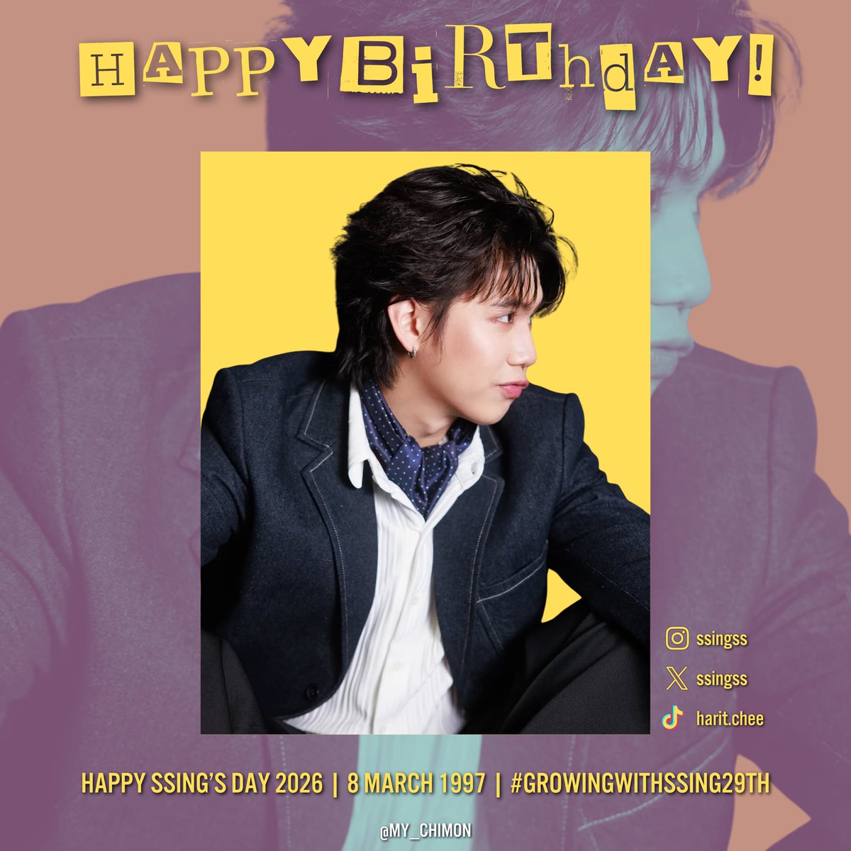 🎂 HAPPY SSING’S DAY 🎂

Wishing P’Ssing a happy birthday from us. Thank you for taking care of Chimon throughout the years. May the path ahead be filled with flowers and good memories together 🤎💛

#GrowingWithSsing29th
#ssingss #SingHarit
<a href="/ssingss/">Ssing Cheewagaroon</a>