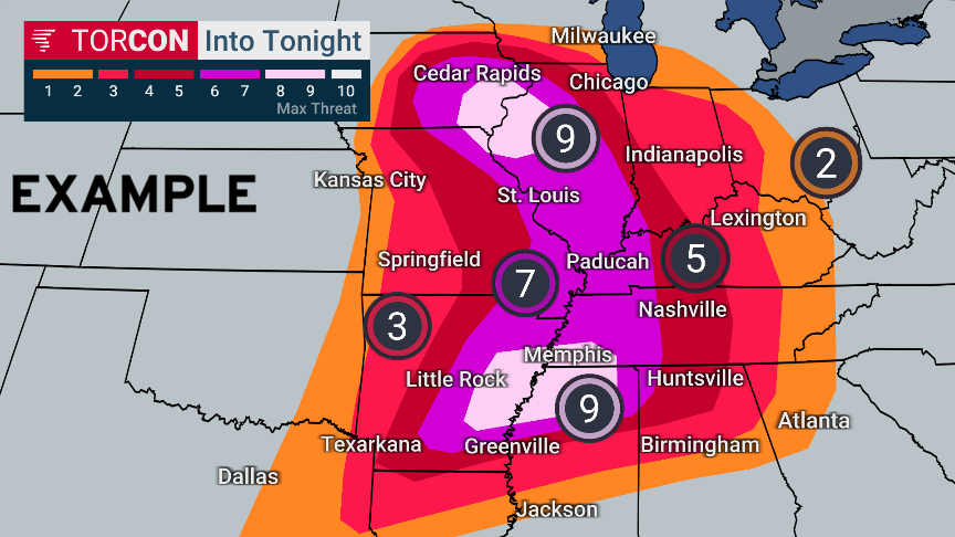 RyanWeather's tweet photo. For the public, I think the best way to display forecasts of tornado risk is TORCON from Dr. Greg Forbes.  

Add a plus sign (+) where the risk of strong tornadoes is high enough to warrant particular concern. https://t.co/iE10Sq0gBS
