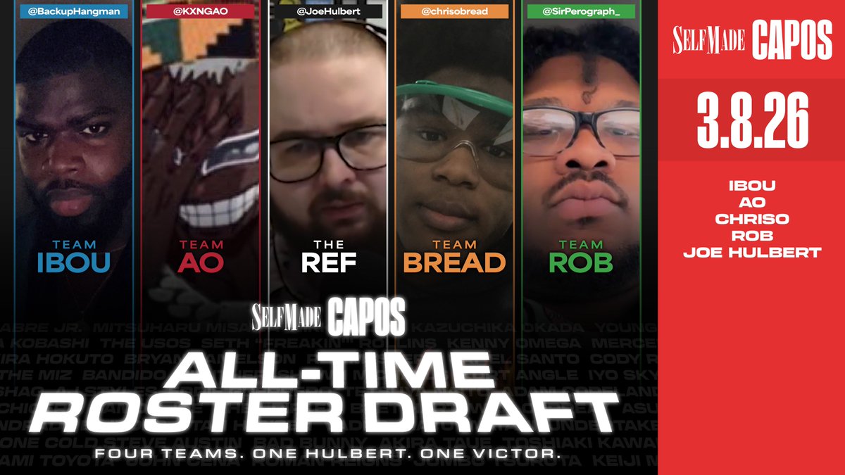 It's finally time.

The first EVER <a href="/SelfMadePW/">Self Made 💫</a> Draft Special airs LIVE on the YouTube Capos Tier TOMORROW @ 7:15PM ET; join us as <a href="/BackupHangman/">Ibou, of Self Made</a>, <a href="/KXNGAO/">Self Made AO 💫</a>, <a href="/chrisobread/">SM BREAD🍞🌟</a>, and <a href="/SirPerograph_/">SM Rob</a> battle throughout twelve rounds in an effort to build their ALL-STAR rosters - all while