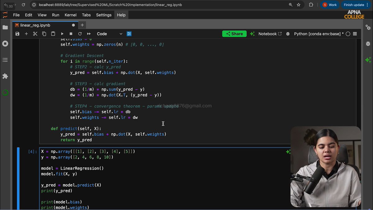 was_yug's tweet photo. Just coded Linear Regression from scratch in Python — no sklearn, pure math 🧮
Gradient Descent, weight updates, bias — built it all manually using numpy.
Understanding the math behind ML hits different 🔥
#MachineLearning #Coding #DS #AI https://t.co/CvHsoTcFBI