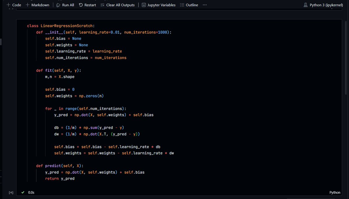 was_yug's tweet photo. Just coded Linear Regression from scratch in Python — no sklearn, pure math 🧮
Gradient Descent, weight updates, bias — built it all manually using numpy.
Understanding the math behind ML hits different 🔥
#MachineLearning #Coding #DS #AI https://t.co/CvHsoTcFBI